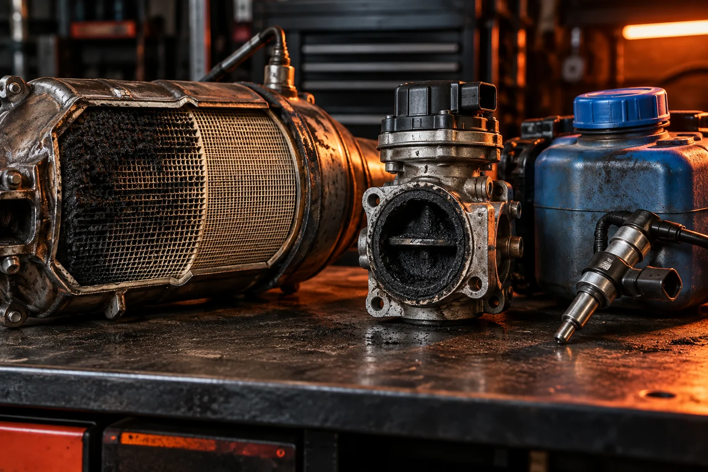 Filtre à particules, vanne EGR et réservoir AdBlue d'un moteur diesel