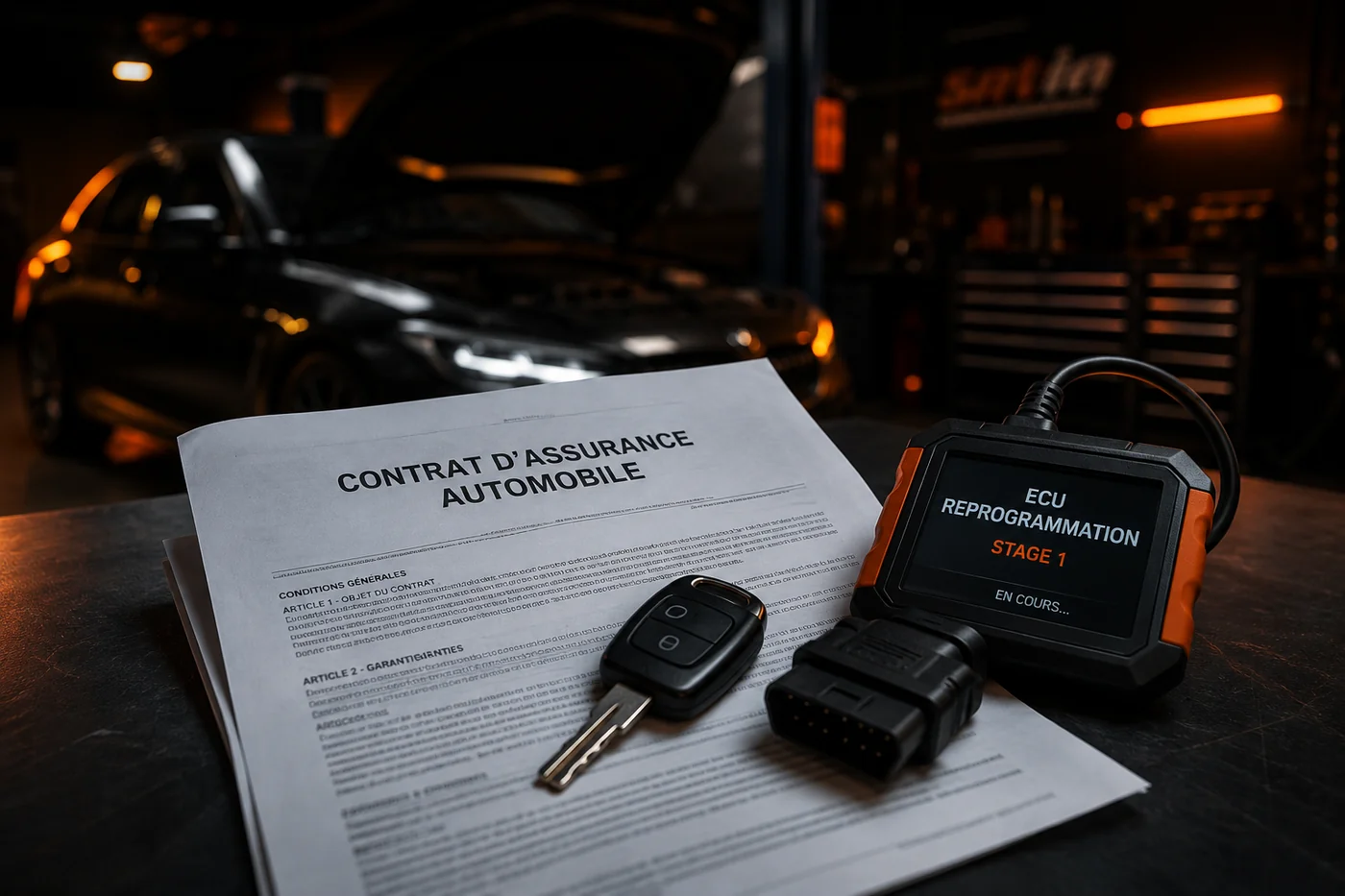 Contrat d'assurance auto et clé de voiture sur un bureau d'atelier