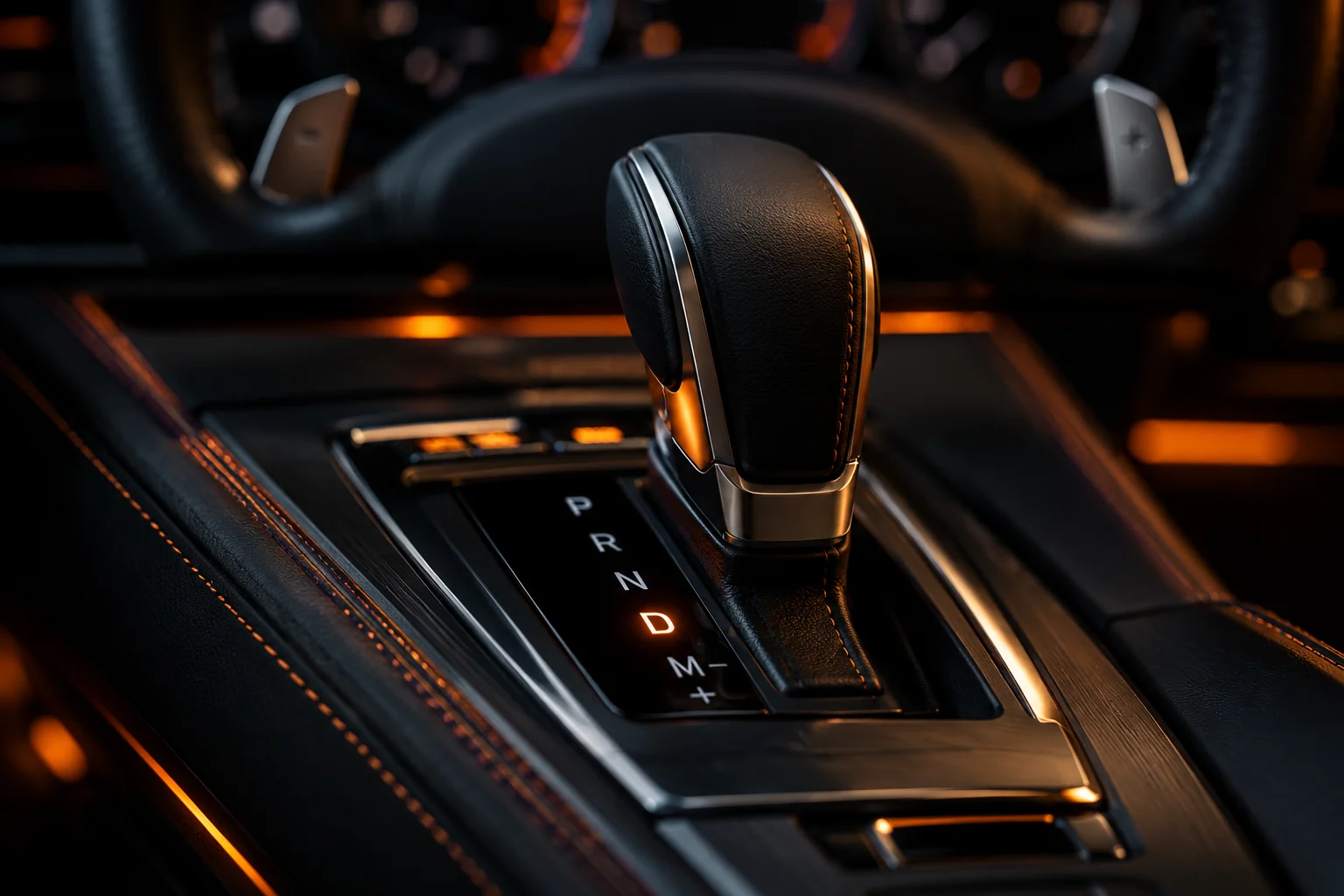 Levier de boîte de vitesses automatique en position D dans une voiture, éclairage orange sur fond sombre