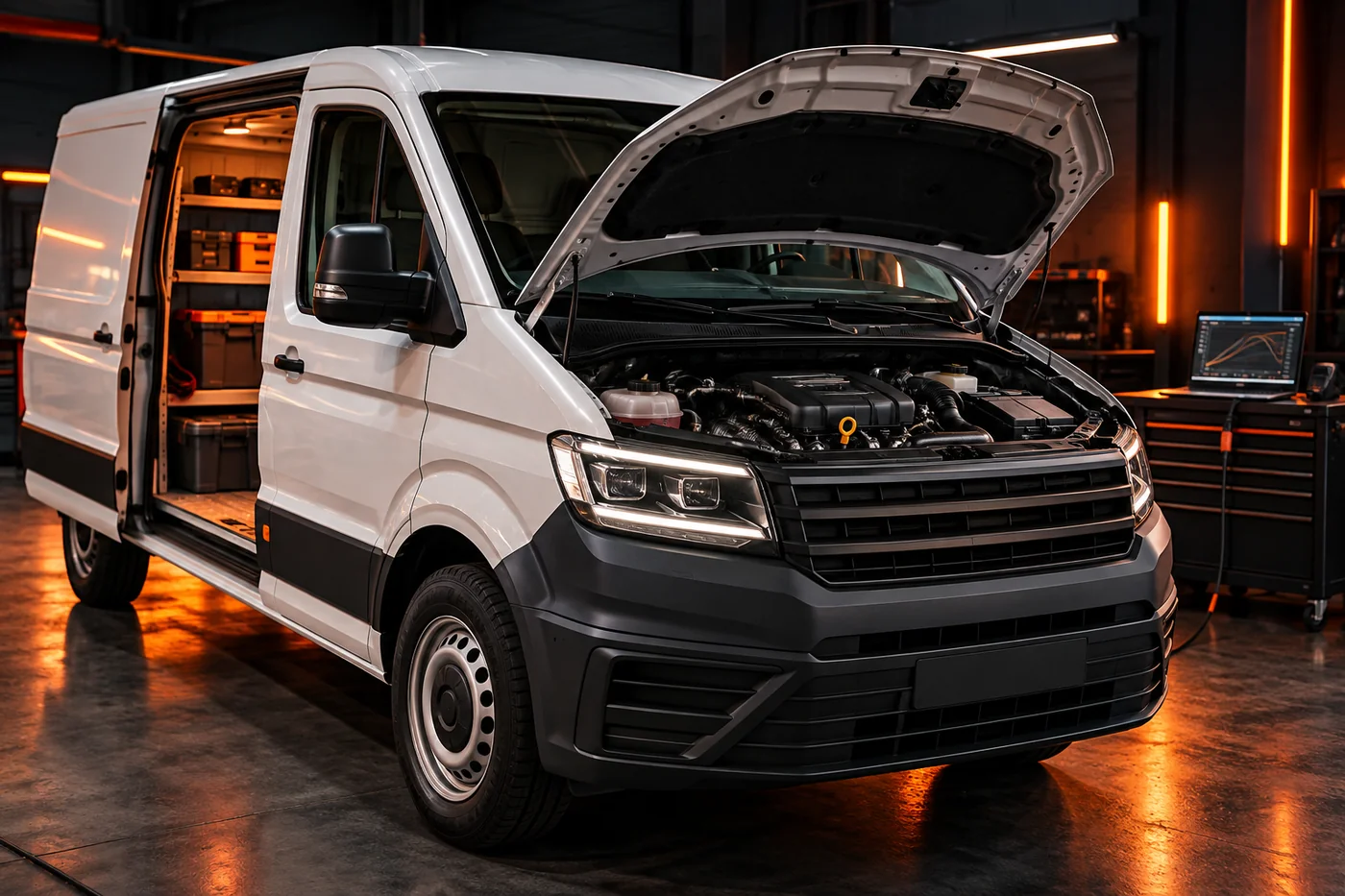 Fourgon utilitaire diesel chargé, capot ouvert, dans un atelier sombre éclairé en orange