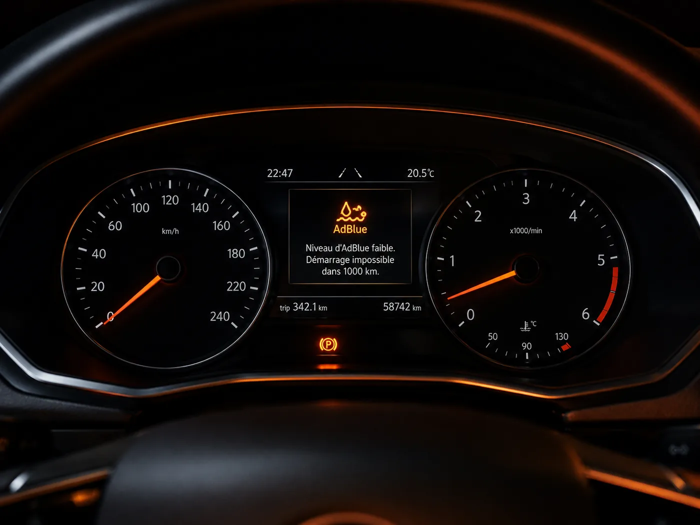 Voyant AdBlue allumé sur le tableau de bord d'une voiture